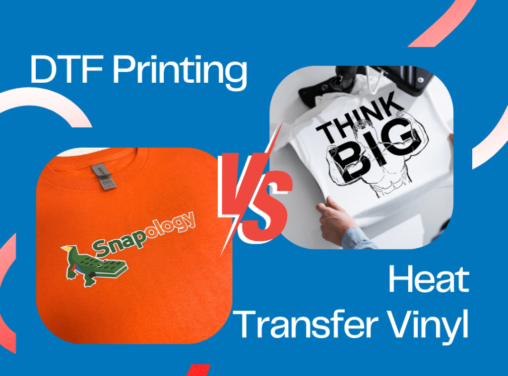 Blog Post image showing a graphic of a DTF printing shirt and HTV shirt shown off face to face.