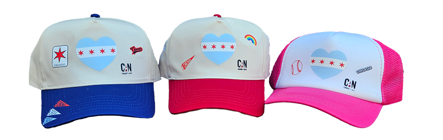 Examples of trucker hat bar design choices with the prepressed logo in the middle